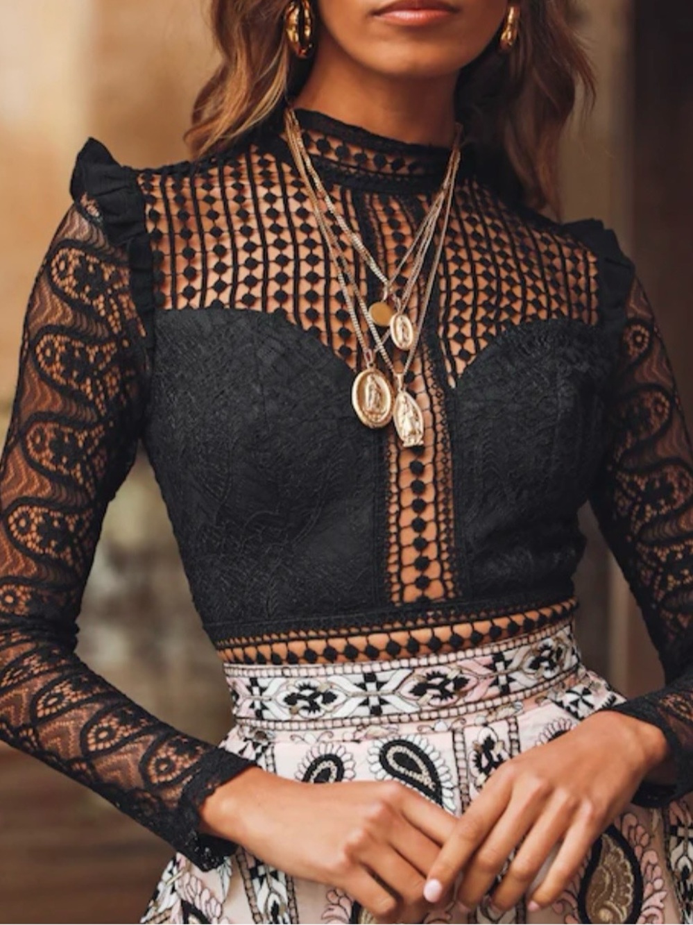 Hello Molly Not That Easy Black Long Sleeve Crochet Bodysuit